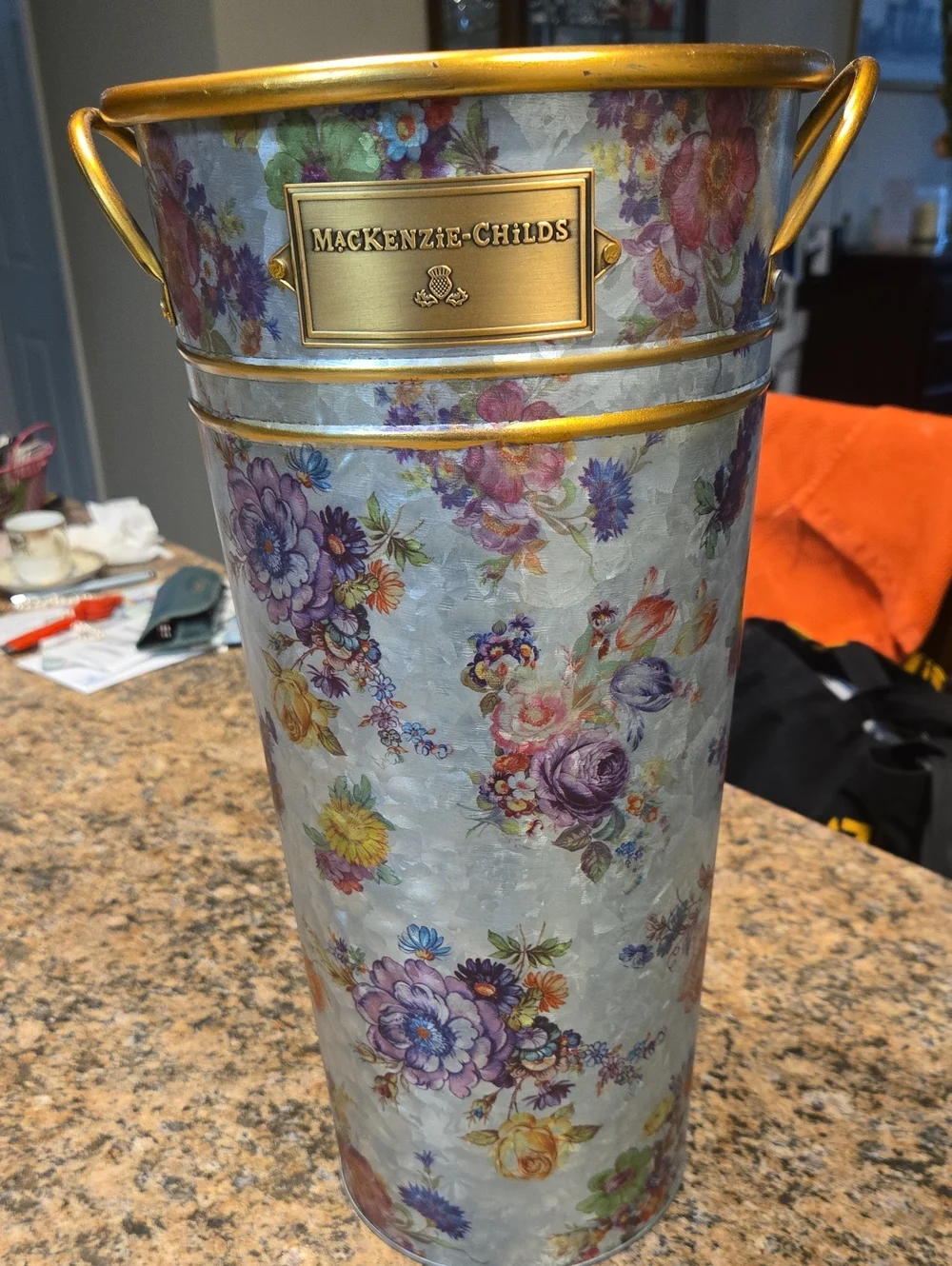 MacKenzie-Childs Floral Metal Umbrella Vase with Gold Trim
